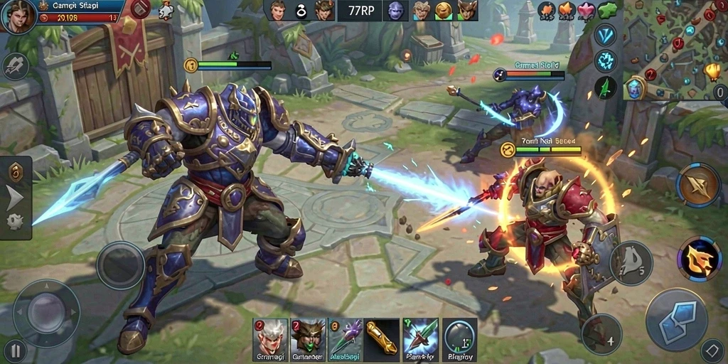 Screenshot gameplay 77RP menampilkan pertarungan strategi yang intens.