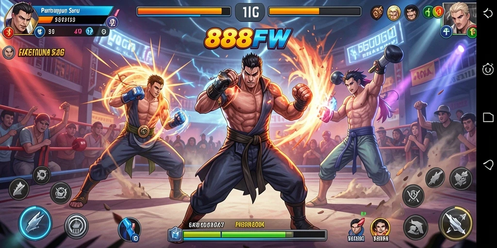 Gameplay menegangkan di 888FW dengan banyak karakter bertarung.
