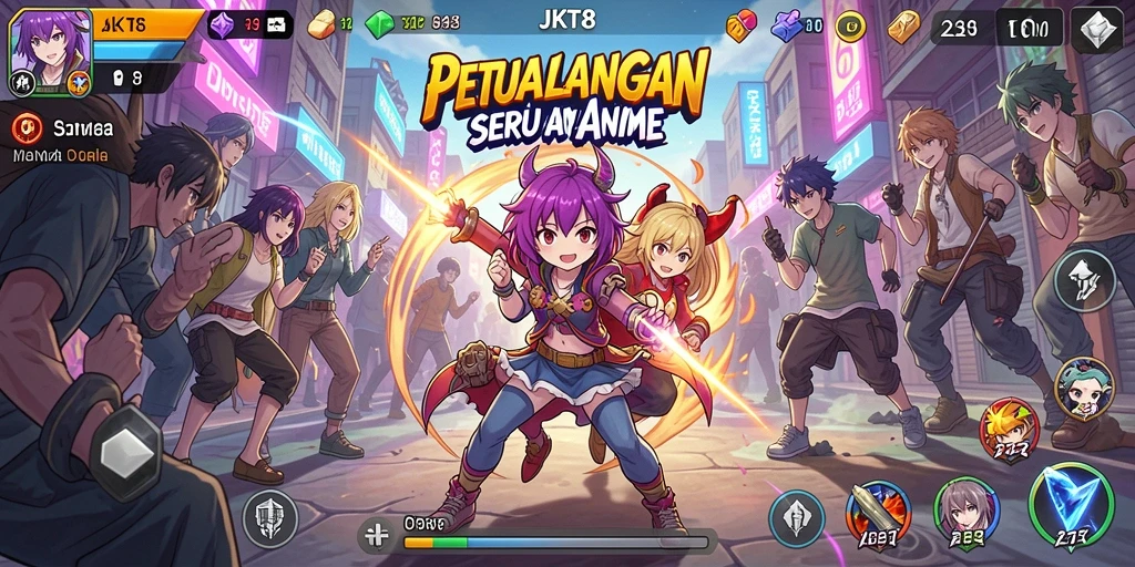 Screenshot gameplay JKT8 menampilkan karakter Anime yang menarik dan pertempuran seru.