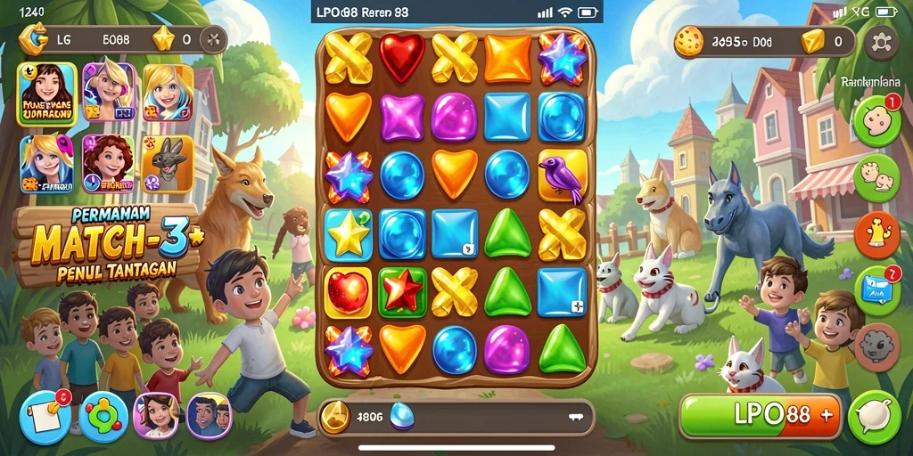 Screenshot utama gameplay LPO88 yang menampilkan aksi Match-3 yang seru.