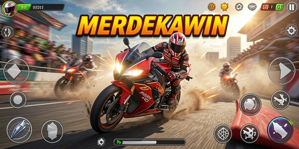 Tangkapan layar gameplay MERDEKAWIN yang mendebarkan saat balapan motor.