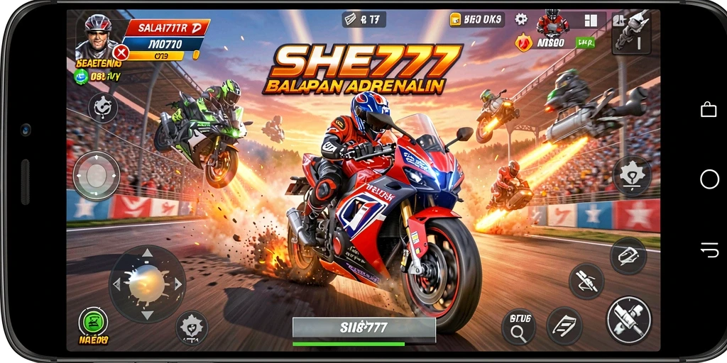 Tampilan gameplay yang mendebarkan di SHE777 menunjukkan balapan motor yang seru.