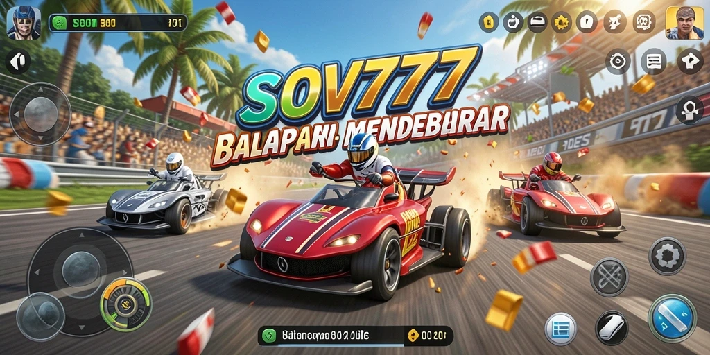 Screenshot menunjukkan aksi mendebarkan balapan SOV777 dengan mobil yang melaju kencang.