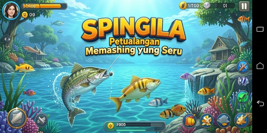 Screenshot SPINGILA menampilkan pemain menangkap ikan di lokasi memancing yang indah.