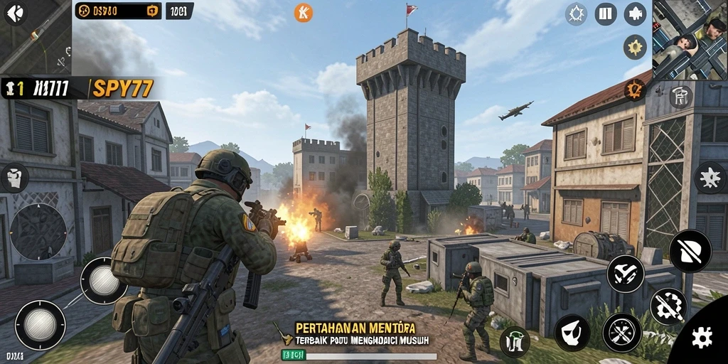 Screenshot gameplay SPY77 yang menampilkan aksi menara dalam pertahanan musuh.