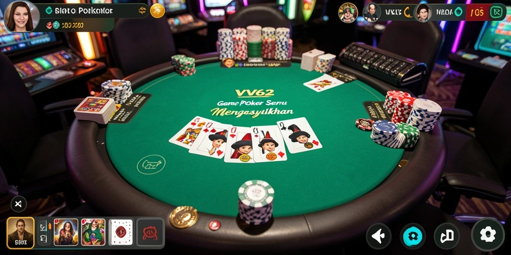 Screenshot gameplay VV62 menampilkan aksi seru di meja poker.